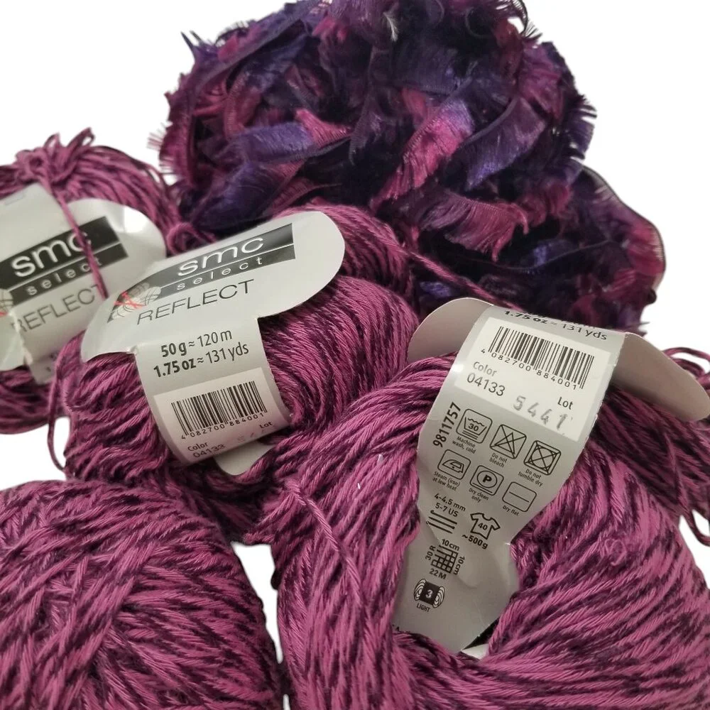SMC Reflect Rayon Cotton Yarn & Eyelash Yarn 4 Skeins Berry Variegated Purples